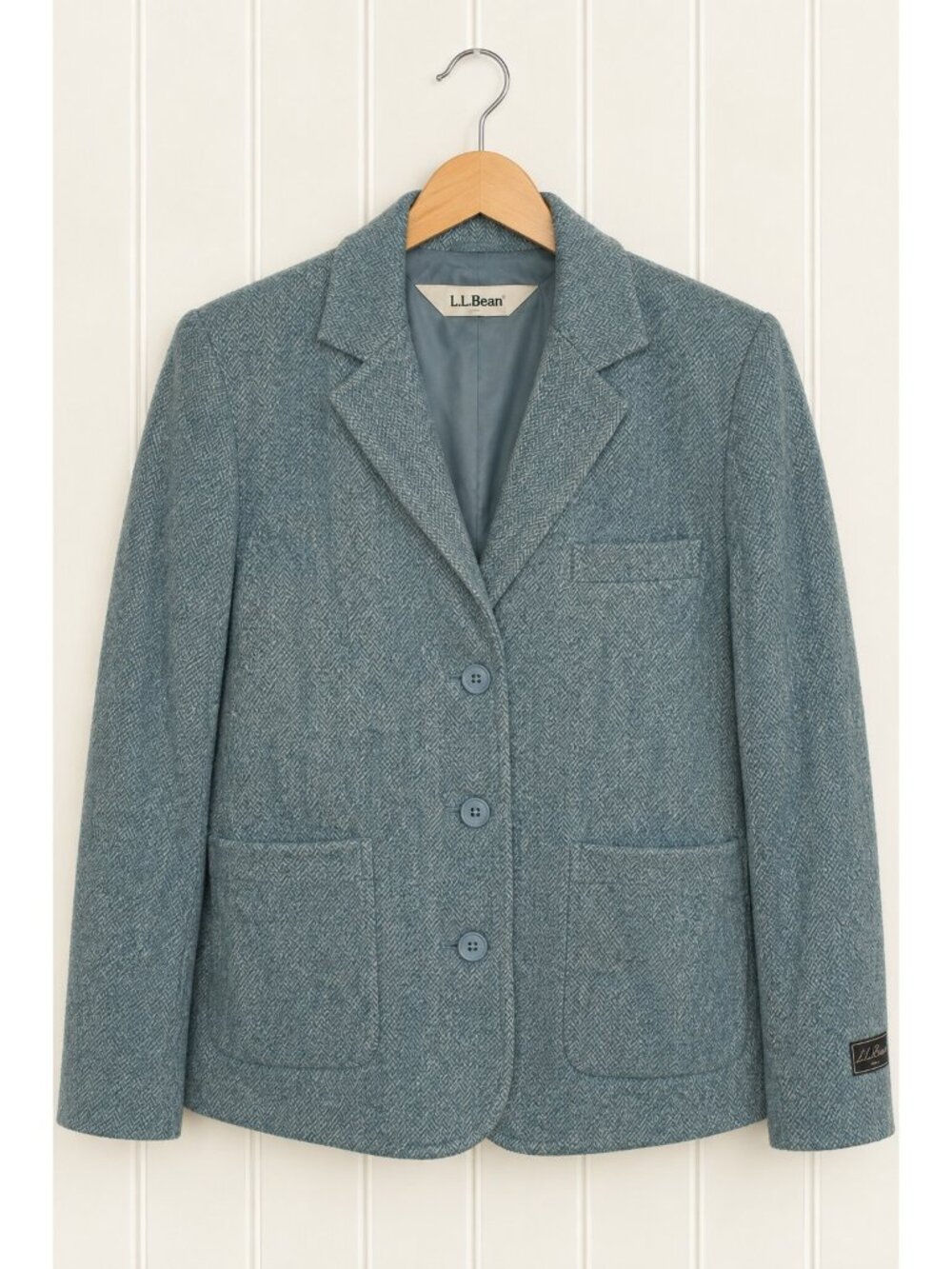 L.L. Bean Women's Italian Wool Silk Blazer Bellandi Herringbone Blue